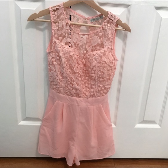 Blush Pink Floral Lace Romper with Pockets - Picture 1 of 3